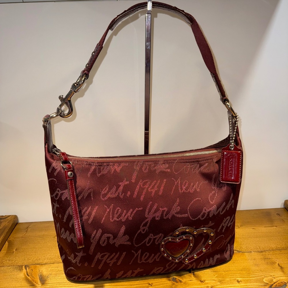 Coach Poppy Script Lurex Heart Hobo Shoulder Bag Bordeaux Burgundy F17472